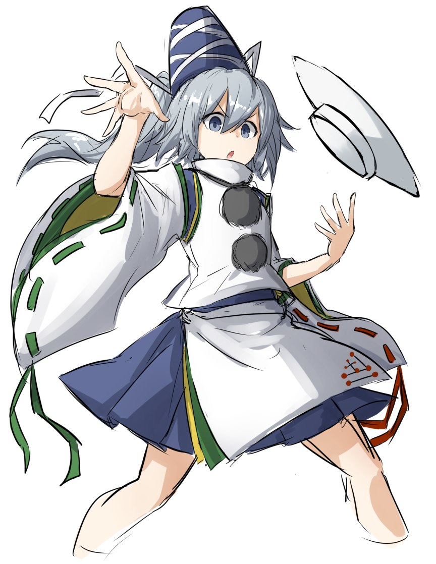 &gt;:o 1girl :o blue_skirt cowboy_shot grey_eyes grey_hair hat japanese_clothes kan_(aaaaari35) kariginu looking_at_viewer mononobe_no_futo plate pom_pom_(clothes) ponytail ribbon-trimmed_sleeves ribbon_trim skirt solo tate_eboshi touhou white_background wide_sleeves