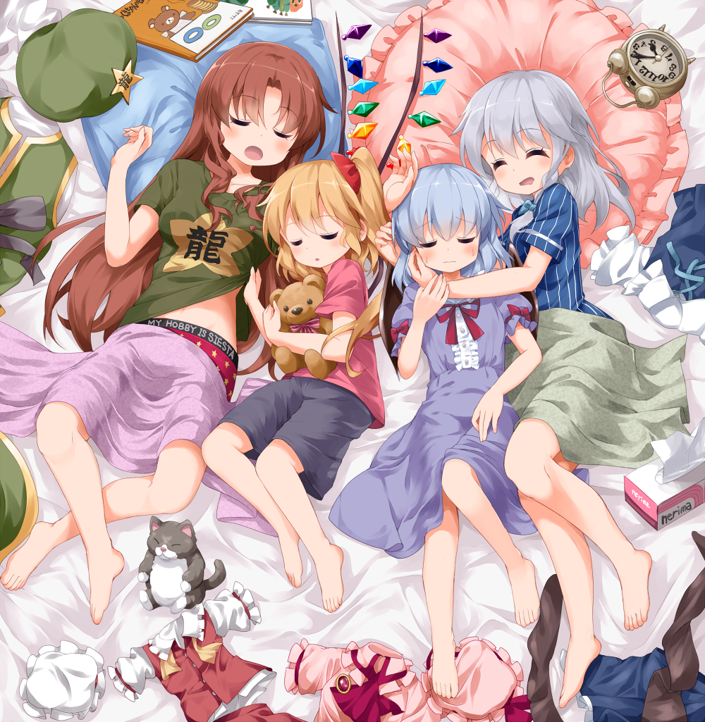 4girls :d :o ^_^ ^o^ adapted_costume alarm_clock alternate_costume assisted_exposure asymmetrical_hair bare_legs barefoot bed_sheet beret black_shorts blanket blonde_hair blue_hair blush book bow braid brooch cat clock closed_eyes closed_mouth clothes_on_floor clothes_writing commentary_request contemporary crystal demon_wings dress flandre_scarlet from_above full_body gem glowing green_bow green_hat green_shirt hair_bow hat hat_removed headwear_removed holding hong_meiling izayoi_sakuya jewelry lifted_by_another mob_cap multiple_girls no_legwear open_mouth panties parted_lips pillow purple_dress rainbow_order red_bow red_panties red_ribbon red_shirt red_vest redhead remilia_scarlet ribbon ruby_(stone) ruu_(tksymkw) shirt shirt_lift shirt_removed short_sleeves shorts side_ponytail sleeping smile star striped striped_bow striped_shirt sweatdrop t-shirt tissue tissue_box touhou twin_braids underwear vertical-striped_shirt vertical_stripes vest_removed white_hat white_shirt wings