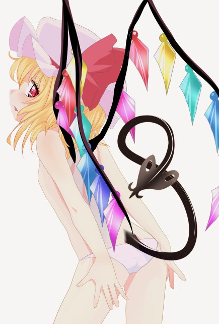1girl bare_arms bare_shoulders blonde_hair blush commentary_request cowboy_shot crystal flandre_scarlet flat_chest from_side hat hat_ribbon ishikkoro laevatein_(tail) leaning_forward looking_at_viewer looking_to_the_side mob_cap panties parted_lips profile red_eyes red_ribbon ribbon side_glance side_ponytail solo topless touhou underwear white_background white_panties wings