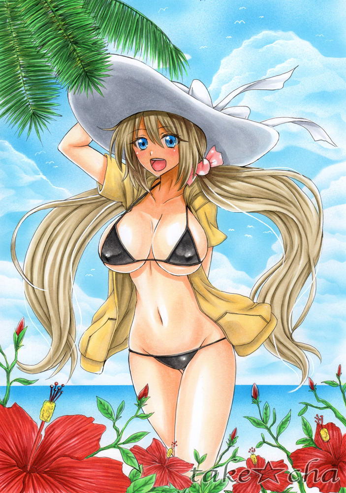 1girl :d bikini black_bikini bow breasts clouds corona_timir covered_nipples flower hair_bow hat hibiscus large_breasts lyrical_nanoha mahou_shoujo_lyrical_nanoha mahou_shoujo_lyrical_nanoha_vivid marker_(medium) ocean older open_mouth palm_tree smile solo swimsuit takecha traditional_media tree twintails