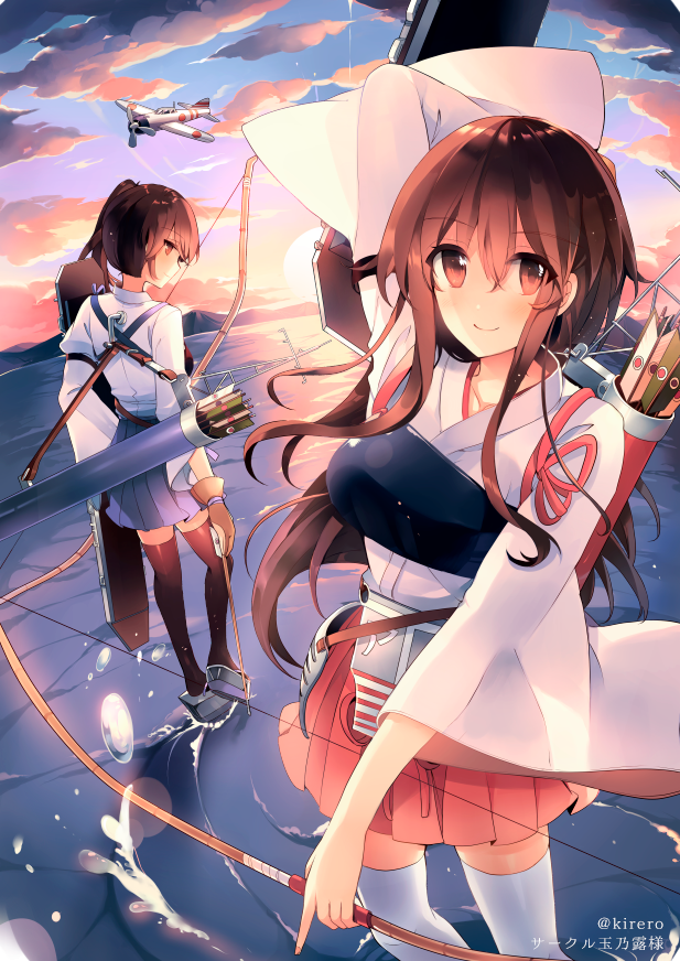 2girls aircraft airplane akagi_(kantai_collection) archery arm_up arrow backlighting black_legwear blush bow_(weapon) brown_eyes brown_hair closed_mouth clouds cloudy_sky commentary_request flight_deck hakama_skirt japanese_clothes kaga_(kantai_collection) kantai_collection kirero kyuudou long_hair long_sleeves looking_at_viewer multiple_girls muneate ocean quiver side_ponytail sidelocks sky smile standing standing_on_liquid sunset tasuki thigh-highs twitter_username weapon white_legwear wide_sleeves yugake
