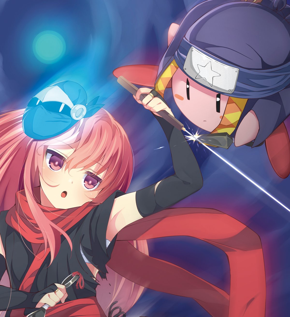 1girl :o alternate_costume armpits black_gloves bridal_gauntlets commentary_request dual_wielding elbow_gloves expressionless fighting fingerless_gloves glint gloves hair_between_eyes hata_no_kokoro highres jitome kirby kirby_(series) kunai long_hair mask mask_on_head nigo_(aozoragarou) ninja open_mouth pink_eyes pink_hair red_scarf sarashi scarf shirt sleeveless sword torn_clothes torn_gloves torn_shirt touhou weapon