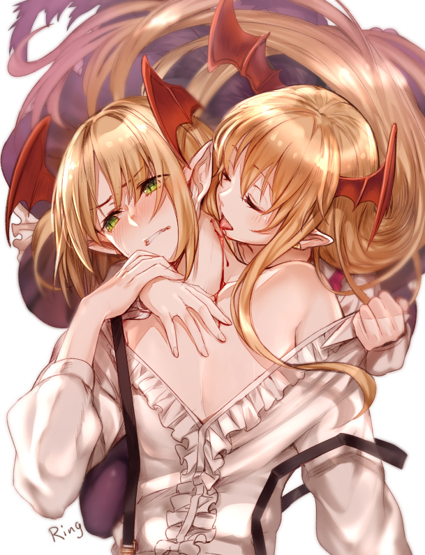 1boy 1girl aki663 arm_around_neck arm_at_side assisted_exposure bangs bare_shoulders bat_wings bite_mark black_skirt blonde_hair blood blurry blush brother_and_sister center_frills clenched_hand clenched_teeth closed_eyes depth_of_field embarrassed eyelashes granblue_fantasy head_tilt head_wings holding_hand licking long_hair long_sleeves looking_at_viewer looking_away neck_licking off_shoulder pointy_ears red_eyes shirt shirt_pull siblings signature simple_background skirt slit_pupils suspenders suspenders_slip tail teeth tongue tongue_out vampire vampy veight white_background white_shirt wings