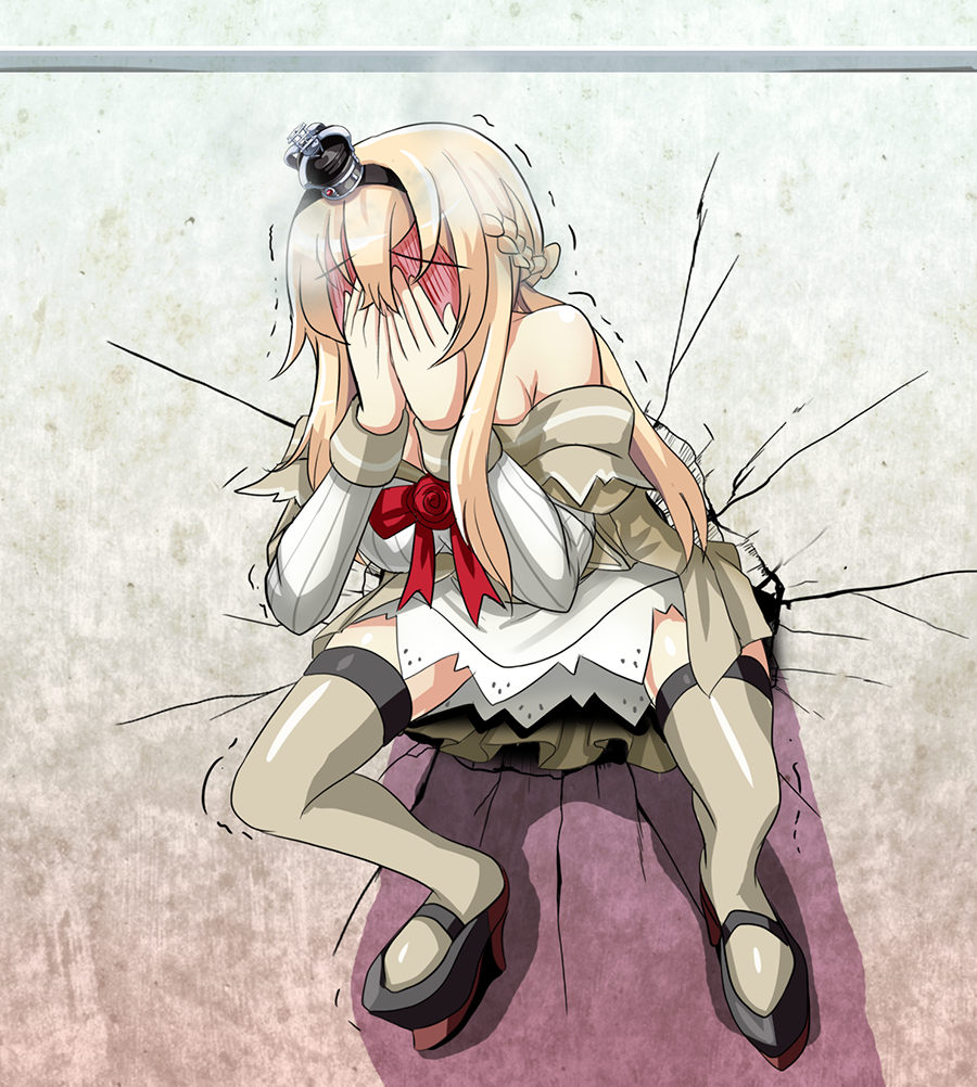 1girl bare_shoulders black_shoes blonde_hair blush braid commentary_request corset covering_face crack crown dress flower french_braid full-face_blush hairband high_heels kantai_collection long_hair long_sleeves mini_crown off_shoulder red_ribbon red_rose ribbon rose shoes solo steam thigh-highs through_wall tk8d32 trembling wall warspite_(kantai_collection)