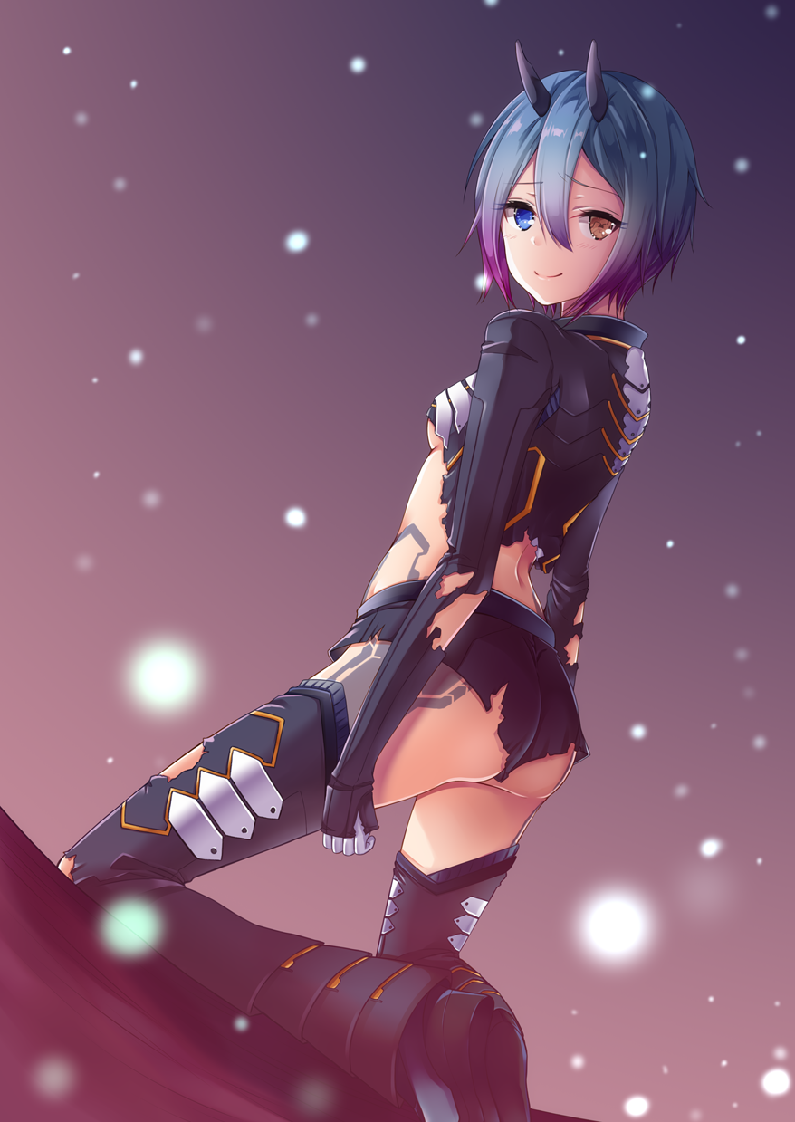 1girl arms_at_sides ass back bangs black_legwear blue_eyes blue_hair blush breasts broken brown_eyes closed_mouth dutch_angle eyelashes from_behind gloves gradient gradient_background gradient_hair hair_between_eyes heterochromia highres horns io_(pso2) kneeling light_particles looking_at_viewer looking_back midriff multicolored_hair oni_horns phantasy_star phantasy_star_online_2 purple_hair shin_guards short_hair short_shorts shorts sleeves_past_wrists small_breasts smile solo tattoo thigh-highs torn_clothes torn_shorts torn_sleeves torn_thighhighs two-tone_hair under_boob white_gloves yoshida_iyo