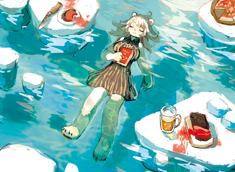 1girl afloat alcohol bear beer beer_mug blood book breasts closed_eyes closed_mouth dress food from_above full_body furry holding holding_book iceberg knife long_hair lying meat medium_breasts on_back original personification pizza polar_bear sleeveless sleeveless_dress smile solo striped striped_dress water white_hair zinbei