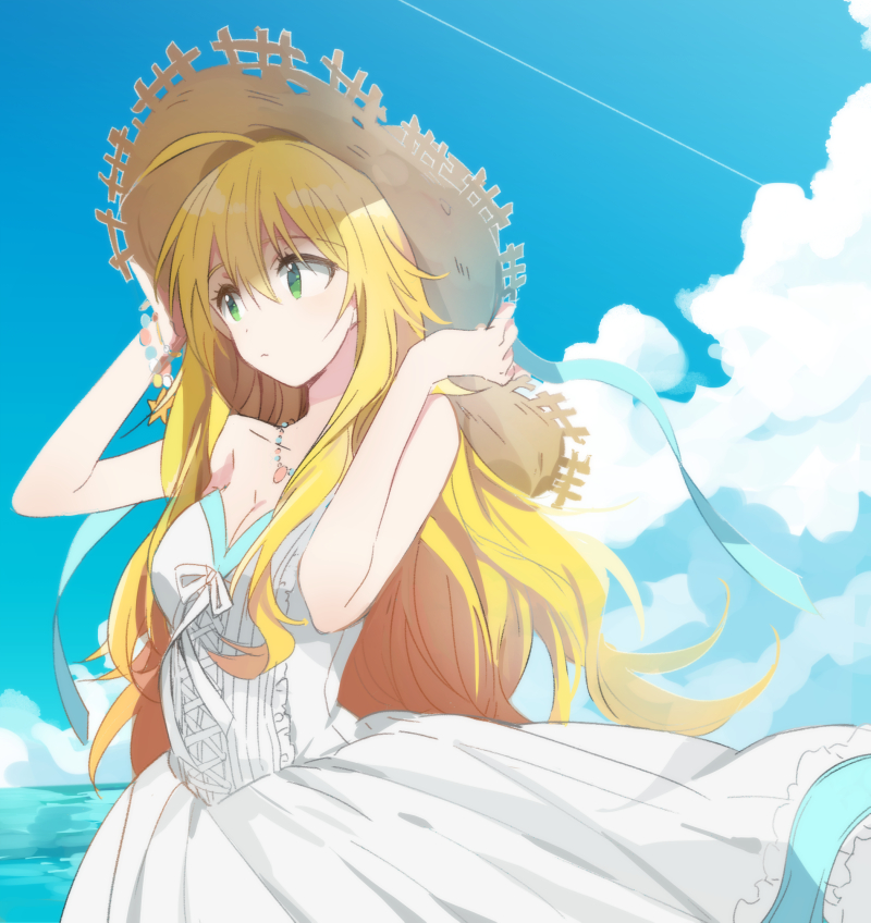 1girl blonde_hair breasts cleavage collarbone dress eunram green_eyes hair_between_eyes hat hoshii_miki idolmaster jewelry long_hair medium_breasts necklace outdoors solo straw_hat sundress white_dress