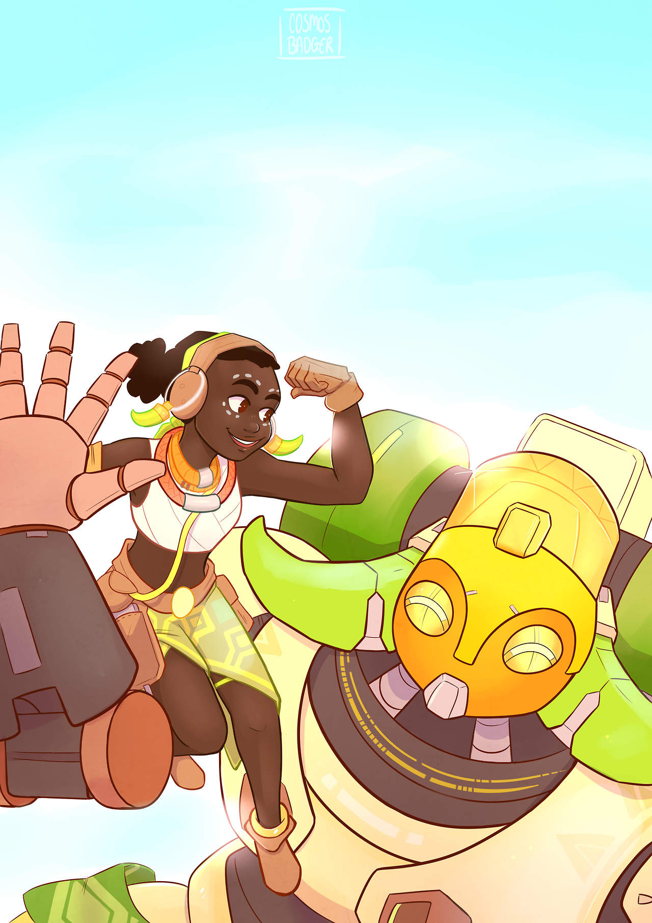 2girls black_hair brown_eyes cosmosbadger crop_top dark_skin efi_oladele facepaint fist_bump gloves headphones highres jewelry multiple_girls necklace omnic on_shoulder orisa_(overwatch) overwatch robot size_difference thick_eyebrows very_dark_skin