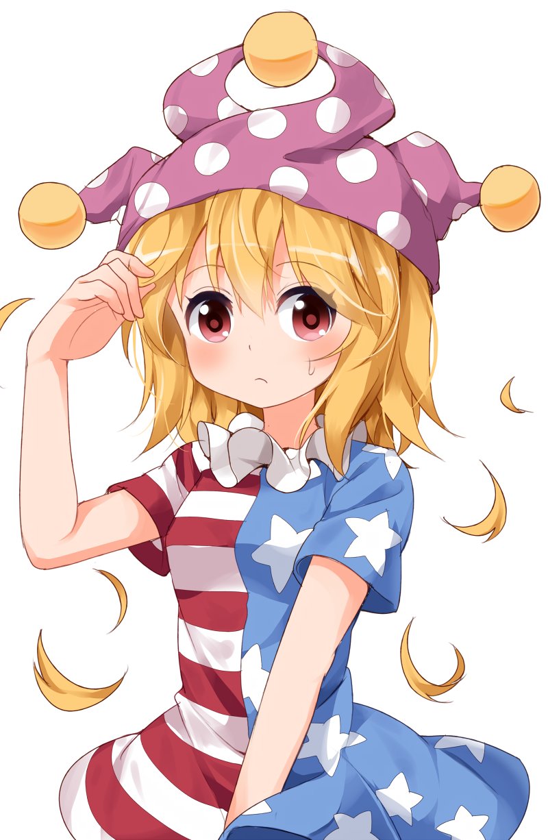 1girl alternate_hair_length alternate_hairstyle american_flag_dress blonde_hair blush closed_mouth clownpiece dress frown hat highres jester_cap neck_ruff polka_dot red_eyes ruu_(tksymkw) short_dress short_hair short_sleeves simple_background solo star star_print striped sweatdrop touhou upper_body white_background