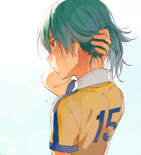 1boy dripping from_behind green_hair hot inazuma_eleven_(series) inazuma_eleven_go kariya_masaki male_focus raimon raimon_soccer_uniform riho soccer_uniform solo sportswear sweat sweating upper_body