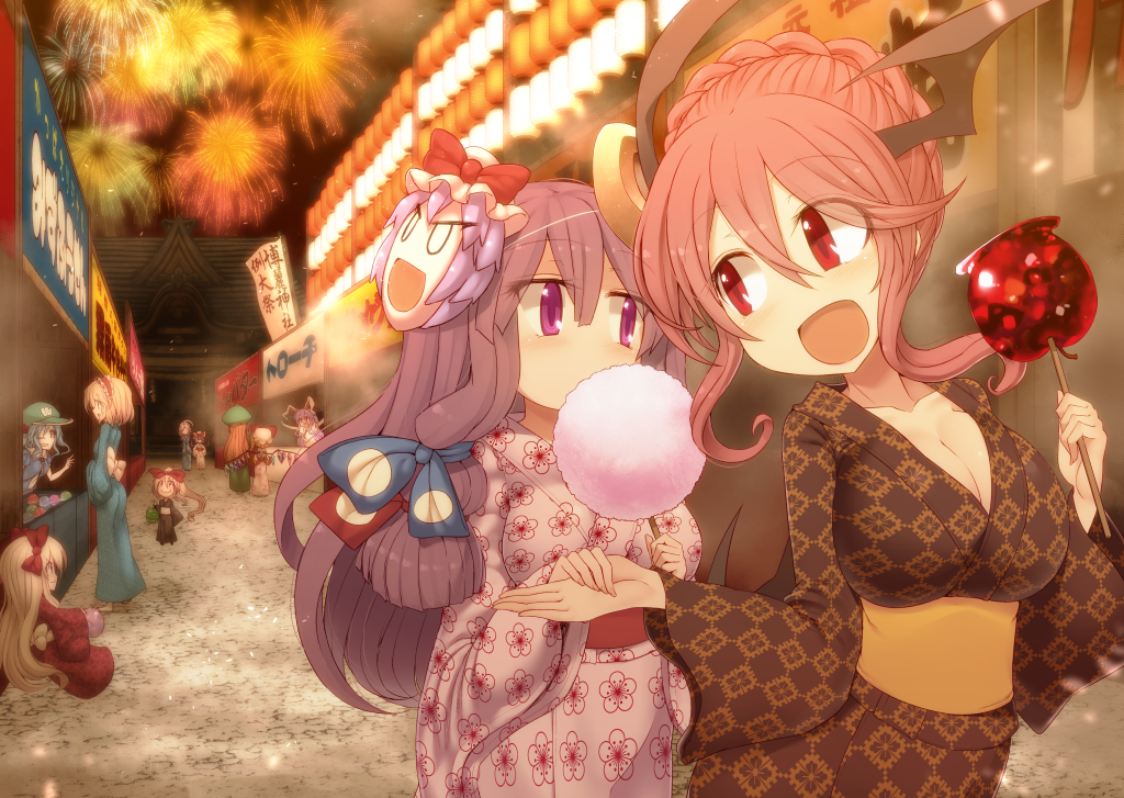 6+girls alice_margatroid alternate_costume alternate_hairstyle braid breasts candy_apple cleavage commentary_request cotton_candy demon_wings eating festival fireworks flandre_scarlet floral_print food_stand french_braid head_wings holding_hands hong_meiling hourai_doll izayoi_sakuya japanese_clothes kawashiro_nitori kimono koakuma kuresento lantern mask mask_on_head multiple_girls night night_sky open_mouth patchouli_knowledge reisen_udongein_inaba remilia_scarlet road shanghai_doll sky smile street touhou wings yukata