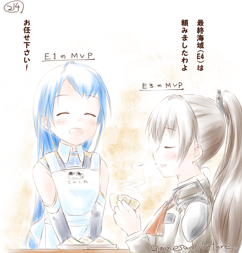 2girls :d apron ascot bangs bare_shoulders blue_hair blush brown_hair character_name closed_eyes cup elbow_gloves eyebrows eyebrows_visible_through_hair gloves gradient_hair hair_ornament holding holding_cup kantai_collection kumano_(kantai_collection) long_hair long_sleeves mae_(maesanpicture) multicolored_hair multiple_girls neckerchief numbered open_mouth ponytail red_ascot sailor_collar samidare_(kantai_collection) sandwich saucer school_uniform shirt sleeveless sleeveless_shirt smile standing swept_bangs teacup translation_request twitter_username upper_body very_long_hair