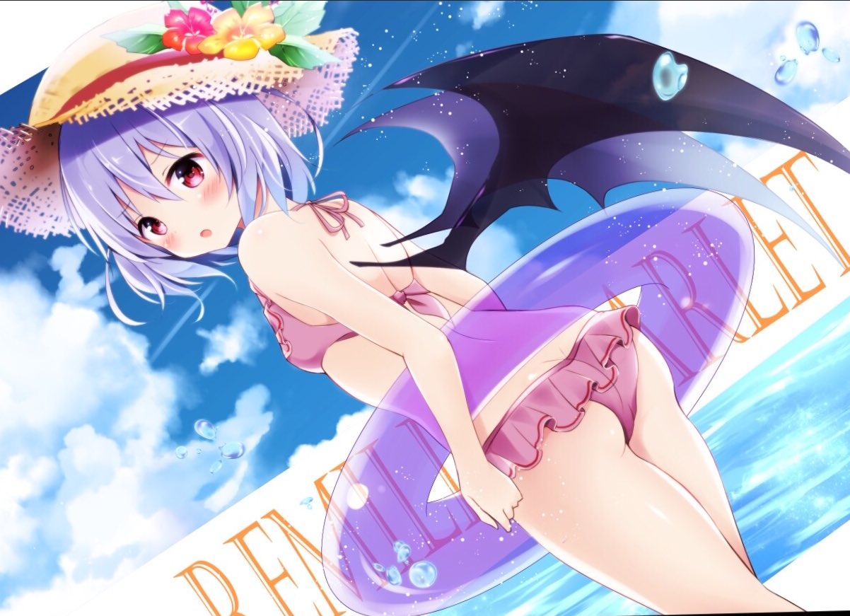 1girl :o alternate_costume alternate_headwear ass bare_arms bare_shoulders bat_wings beach bikini blush breasts butt_crack character_name clouds cloudy_sky cowboy_shot day dutch_angle flower frilled_bikini frills from_behind halter_top halterneck hat hat_flower hibiscus hyurasan innertube lavender_hair looking_at_viewer looking_back pink_bikini red_eyes remilia_scarlet short_hair sky small_breasts solo straw_hat swimsuit touhou wings