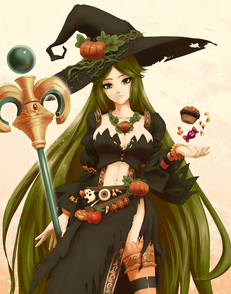 1girl black_dress breasts candy cleavage dress green_eyes green_hair halloween kid_icarus kid_icarus_uprising long_hair looking_at_viewer navel palutena pumpkin side_slit smile solo striped striped_legwear torn_clothes very_long_hair witch