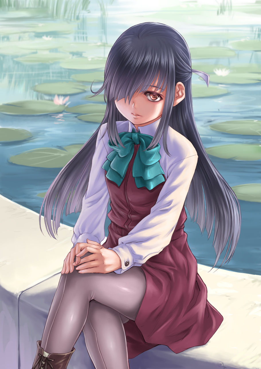 1girl aqua_bowtie black_hair boots bow bowtie breasts brown_boots closed_mouth collared_shirt cross-laced_footwear crossed_legs from_above grey_legwear hair_over_one_eye hair_ribbon half_updo hand_on_own_knee hayashimo_(kantai_collection) highres kantai_collection kosai_takayuki lace-up_boots lake long_hair long_sleeves looking_at_viewer one_eye_covered pantyhose red_eyes reflection ribbon shade shirt sitting small_breasts solo very_long_hair water white_shirt