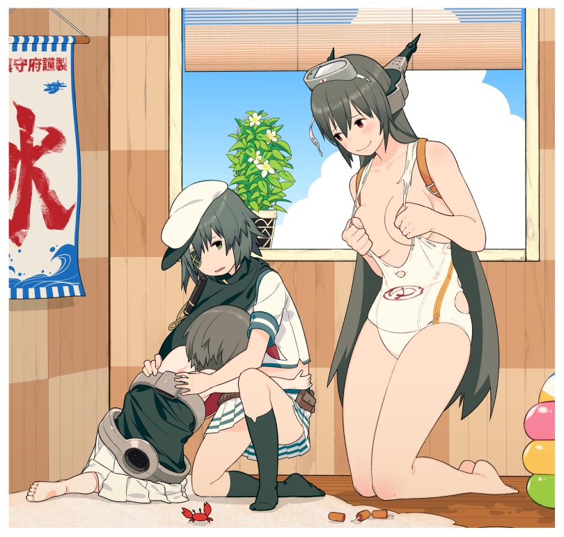 3girls bangs bare_shoulders barefoot belt_pouch black_hair black_legwear blinds breasts cape commentary convenient_leg cosplay costume_switch covering covering_breasts covering_nipples crab diving_mask_on_head embarrassed eyepatch flat_cap green_eyes green_hair hat headgear height_difference hug indoors kantai_collection kiso_(kantai_collection) kneehighs kneeling kodama_(wa-ka-me) kooribata long_hair maru-yu_(kantai_collection) maru-yu_(kantai_collection)_(cosplay) medium_breasts multiple_girls nagato_(kantai_collection) nagato_(kantai_collection)_(cosplay) no_shoes one_knee oversized_clothes parted_lips plant pleated_skirt potted_plant red_eyes school_swimsuit school_uniform serafuku short_hair skirt smile swimsuit sword torn_clothes torn_swimsuit undersized_clothes very_long_hair weapon white_school_swimsuit white_swimsuit window wooden_floor