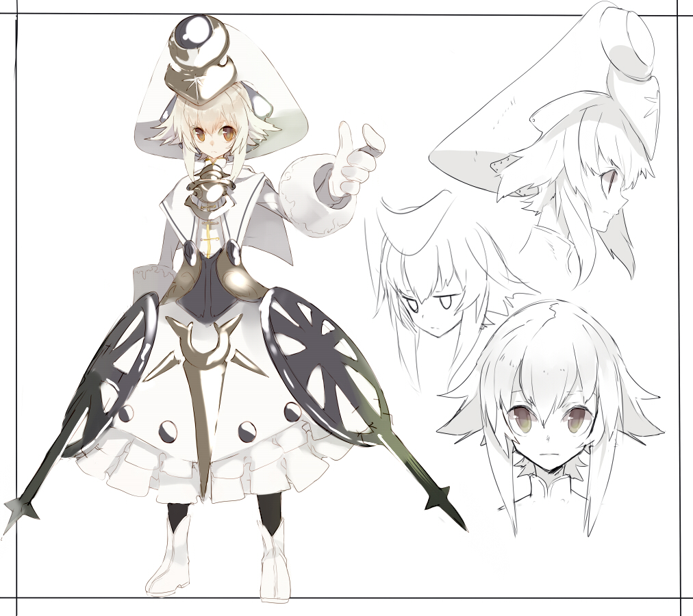 1girl black_legwear boots border brown_eyes capelet character_sheet dress face full_body gloves hair_flaps hat multiple_views original outstretched_hand shiromiso short_hair_with_long_locks standing white_background white_gloves white_hair