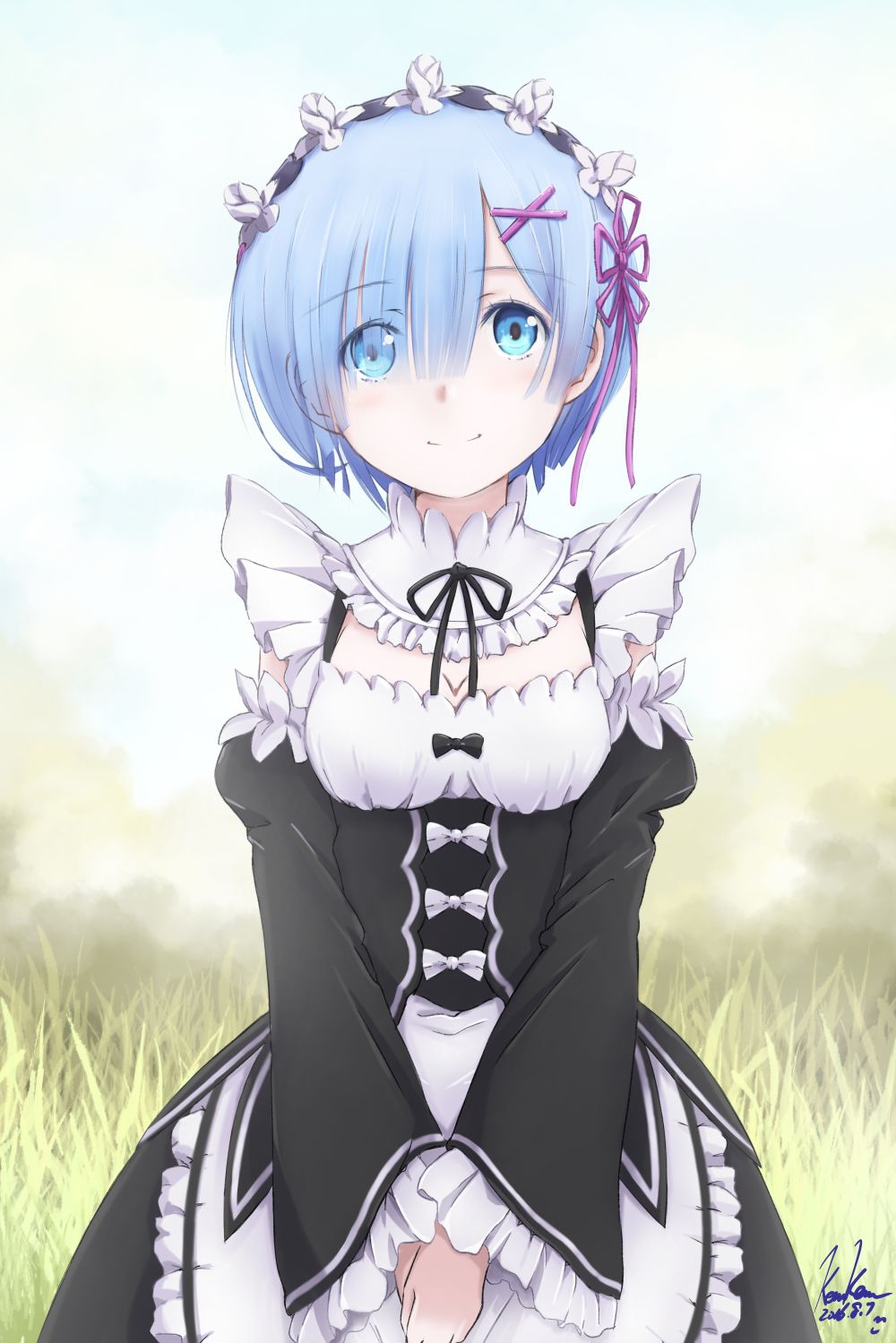 1girl black_ribbon blue_eyes blue_hair dated detached_sleeves eyes_visible_through_hair frilled_sleeves frills grass hair_ornament hair_over_one_eye hair_ribbon highres kem_kem looking_at_viewer maid maid_headdress purple_ribbon re:zero_kara_hajimeru_isekai_seikatsu rem_(re:zero) ribbon ribbon_trim short_hair signature smile solo underbust v_arms x_hair_ornament