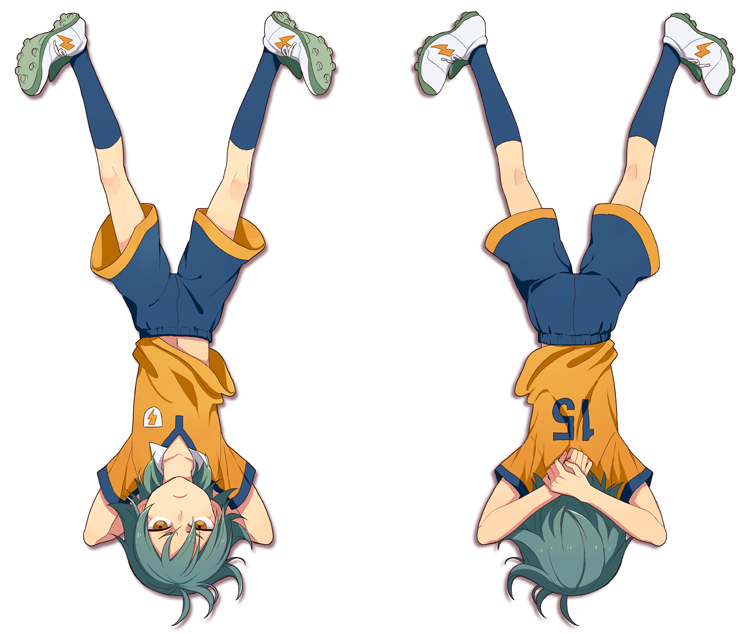 1boy aqua_hair arms_behind_head from_behind full_body inazuma_eleven_(series) inazuma_eleven_go kariya_masaki male_focus riho simple_background solo white_background yellow_eyes