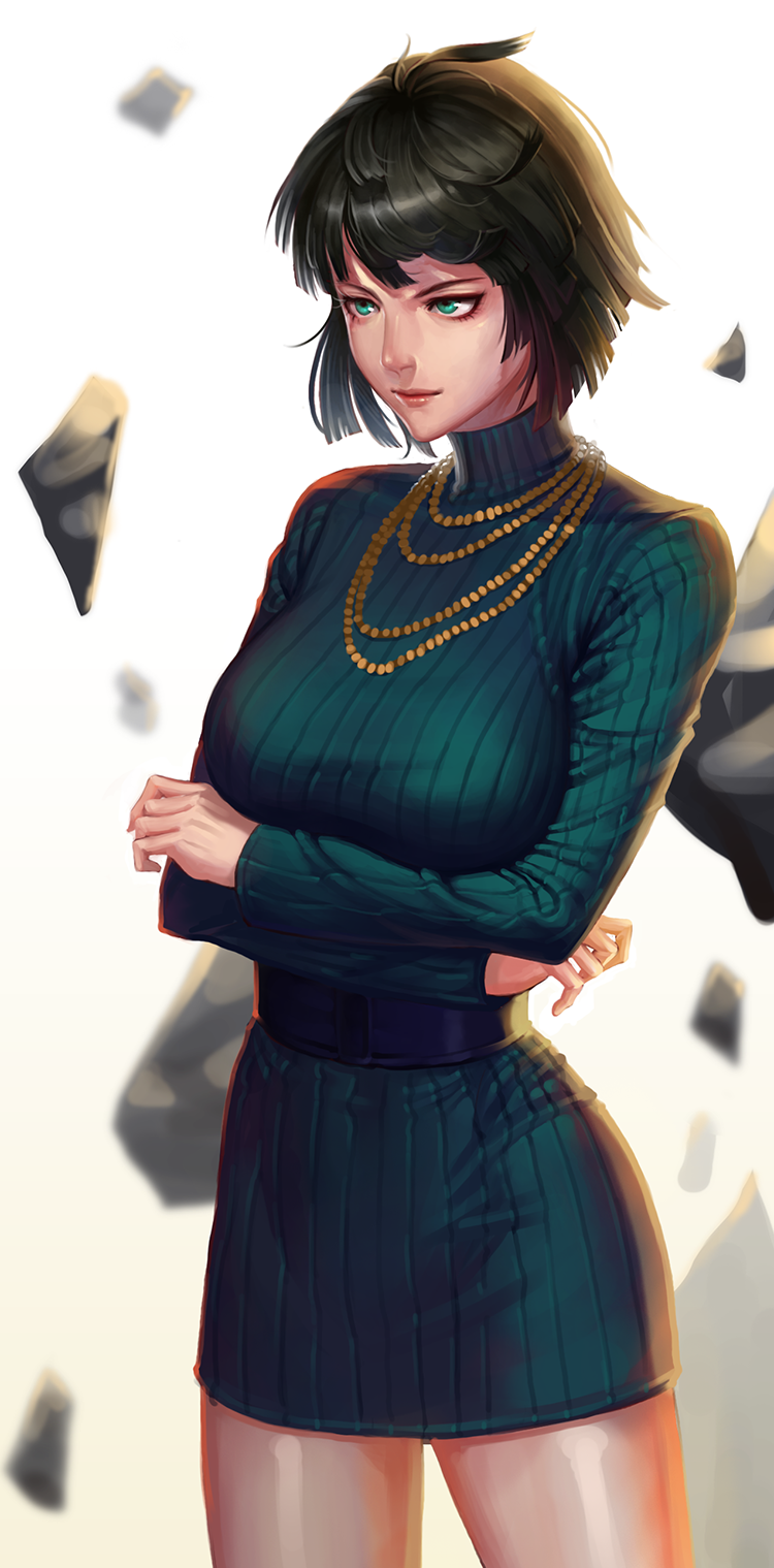 1girl belt black_dress black_hair breasts chocolazy corset cowboy_shot crossed_arms dress eyebrows eyeliner floating_rock fubuki_(one-punch_man) green_eyes highres jewelry large_breasts lips long_sleeves makeup necklace nose one-punch_man ribbed_sweater short_dress short_hair solo sweater sweater_dress thighs turtleneck