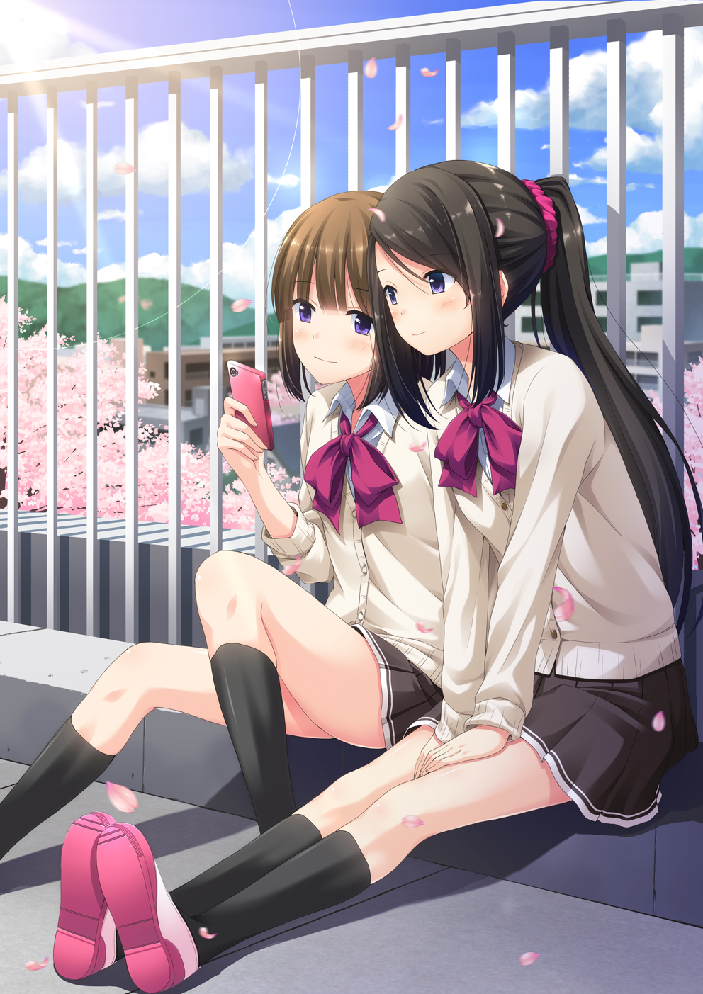 2girls bangs black_hair black_legwear blouse blush bob_cut brown_hair building buttons cardigan cherry_blossoms clouds cloudy_sky eyebrows eyebrows_visible_through_hair hair_ornament hair_scrunchie hands_on_thighs highres hill holding holding_phone legs_together light_smile long_hair long_sleeves multiple_girls original outdoors parted_bangs phone pink_shoes pleated_skirt ponytail railing rooftop school_uniform scrunchie shoes sidelocks sitting skirt sky smile sun tree violet_eyes white_blouse yoruda