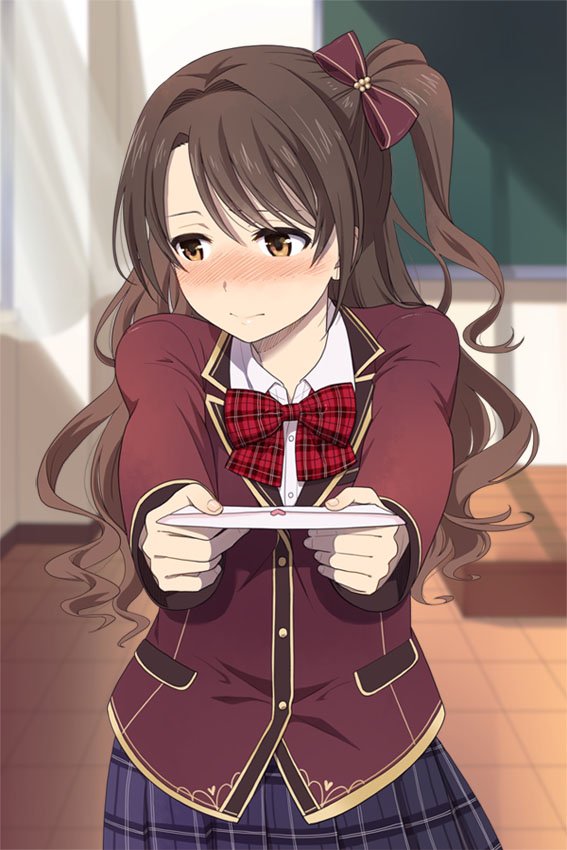 1girl blush brown_eyes brown_hair chalkboard idolmaster idolmaster_cinderella_girls idolmaster_cinderella_girls_starlight_stage incoming_gift jpeg_artifacts letter looking_away love_letter mattaku_mousuke pleated_skirt school_uniform shimamura_uzuki skirt solo