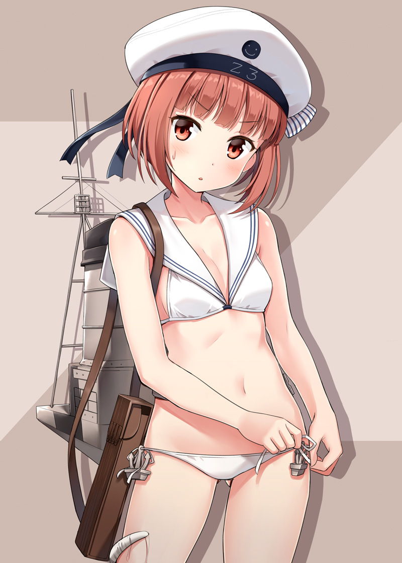 1girl :o anchor ass_visible_through_thighs auburn_hair bag bare_shoulders bikini blush breasts brown_eyes brown_hair clothes_writing commentary_request enemy_naval_mine_(kantai_collection) hat hyuuga_azuri kantai_collection lowleg lowleg_bikini machinery navel peaked_cap rigging sailor_bikini sailor_collar sailor_hat shinkaisei-kan short_hair side-tie_bikini small_breasts smokestack sweatdrop swimsuit tentacles thigh_gap thighs tying white_bikini white_hat z3_max_schultz_(kantai_collection)
