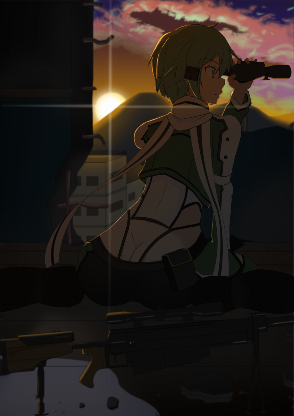1girl arm_support ass bipod clouds cropped_jacket from_behind green_hair highres opp pgm_hecate_ii profile rebar ruins scarf scope shinon_(sao) short_hair sidelocks sitting solo sunset sword_art_online wariza