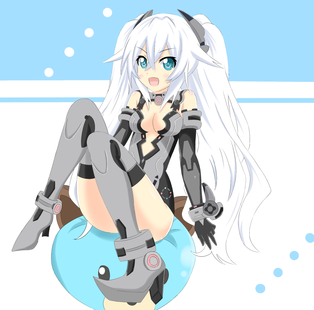 1girl bare_shoulders black_heart blue_eyes breasts crawford dogoo gloves long_hair looking_at_viewer neptune_(series) noire open_mouth smile solo symbol-shaped_pupils twintails white_hair