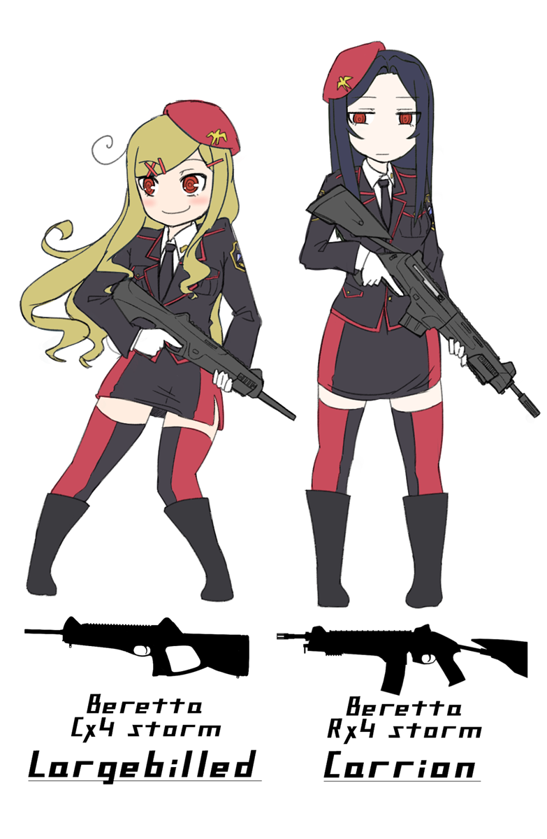 2girls beret beretta_cx4 beretta_rx4 blonde_hair blue_hair gloves gun hair_ornament hairclip hat highres long_hair military military_uniform multiple_girls necktie original paravene red_eyes rifle skirt smile thigh-highs trigger_discipline uniform weapon