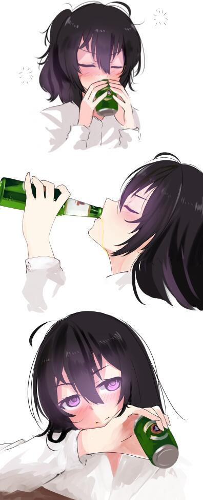 1girl ahoge beer_bottle beer_can beifeng_han black_hair blush closed_eyes dress_shirt drinking drunk hair_between_eyes long_hair messy_hair miyaura_sanshio original profile shirt solo violet_eyes