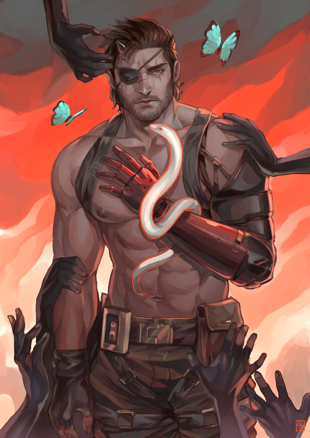1boy abs alejandro_tio beard blue_eyes brown_hair butterfly cowboy_shot eyepatch facial_hair fingerless_gloves gloves highres male_focus mechanical_arm metal_gear_(series) metal_gear_solid_v muscle nipples pouch scar scar_across_eye shirtless single_glove snake solo stitches venom_snake watermark