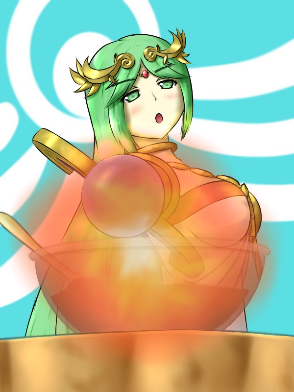&gt;:o 1girl :o bangs blush breasts choker cooking dress fire forehead_jewel from_side goddess green_eyes green_hair halo holding jewelry kid_icarus kid_icarus_uprising large_breasts long_hair namaixy necklace nintendo palutena parted_bangs pendant solo staff strapless strapless_dress swept_bangs tiara upper_body vambraces very_long_hair