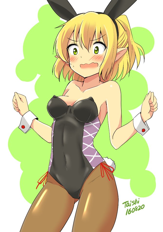 1girl alternate_costume animal_ears artist_name bare_shoulders black_legwear blonde_hair breasts bunny_tail bunnysuit cleavage dated embarrassed fake_animal_ears fishnet_pantyhose fishnets green_eyes leotard mizuhashi_parsee pantyhose rabbit_ears short_hair solo tail taishi_(moriverine) touhou wrist_cuffs