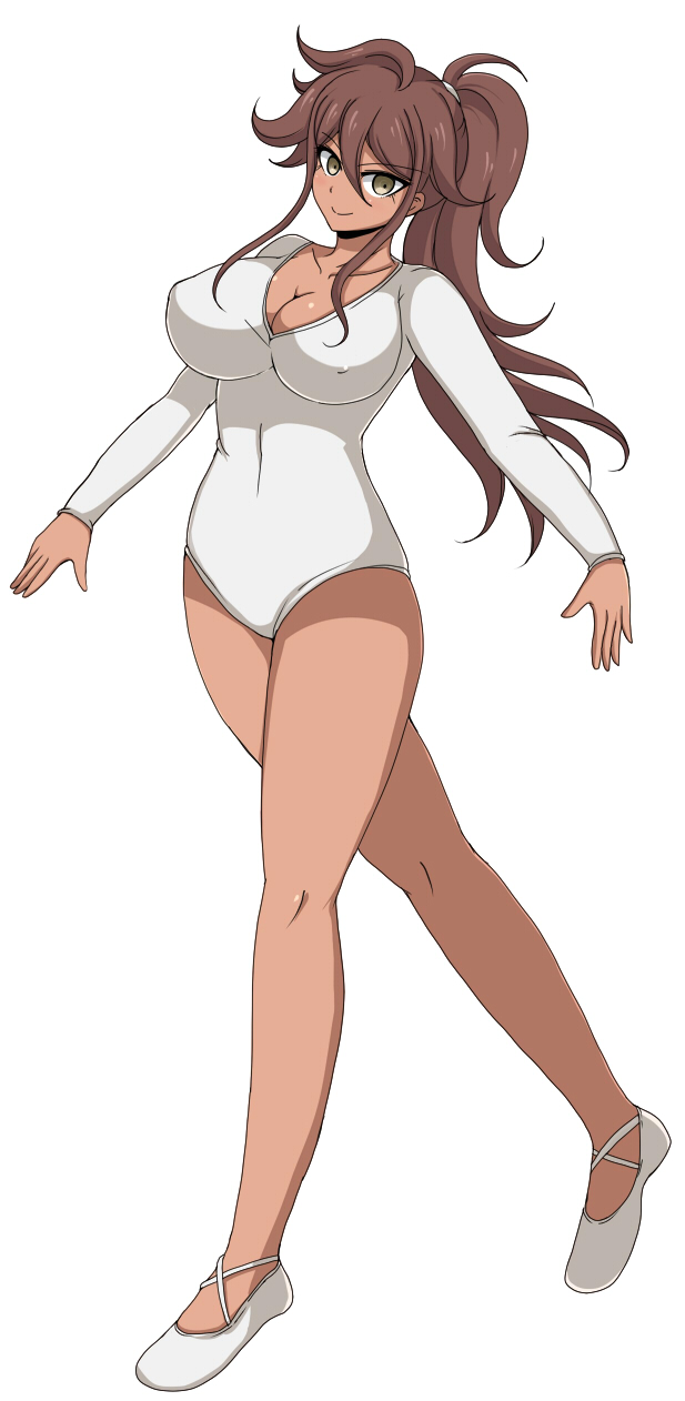 1girl afuro ballet_slippers breasts brown_eyes brown_hair cleavage dangan_ronpa dark_skin flats highres large_breasts leotard long_hair owari_akane ponytail smile solo super_dangan_ronpa_2