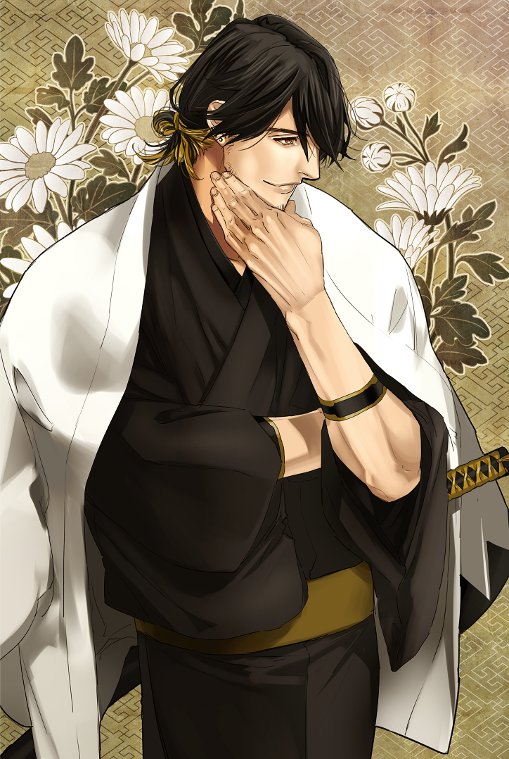 1boy alternate_hairstyle black_hair brown_background brown_eyes crossed_arms earrings facial_hair flower hand_on_own_chin japanese_clothes jewelry kimono lips mad369 multicolored_hair nagasone_kotetsu patterned_background sayagata sheath sheathed shinsengumi smile solo sword touken_ranbu two-tone_hair weapon