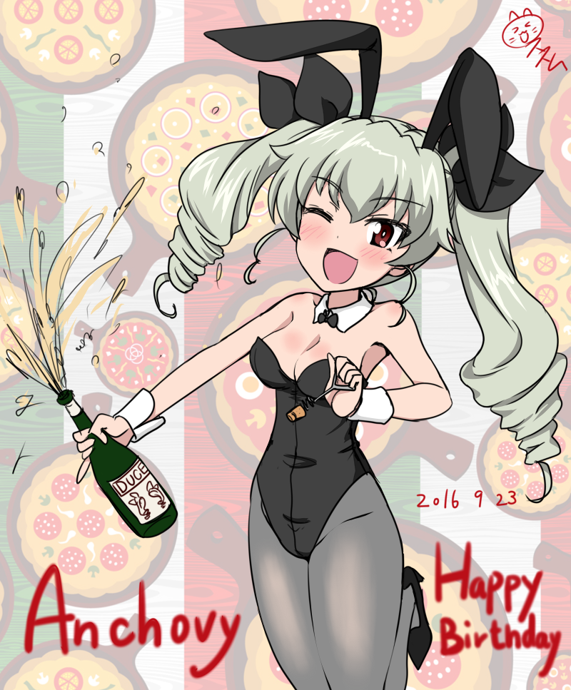 1girl alcohol anchovy animal_ears bottle bow bowtie brown_eyes bunnysuit champagne detached_collar drill_hair girls_und_panzer green_hair happy_birthday nekota_susumu one_eye_closed pantyhose rabbit_ears twin_drills twintails wrist_cuffs