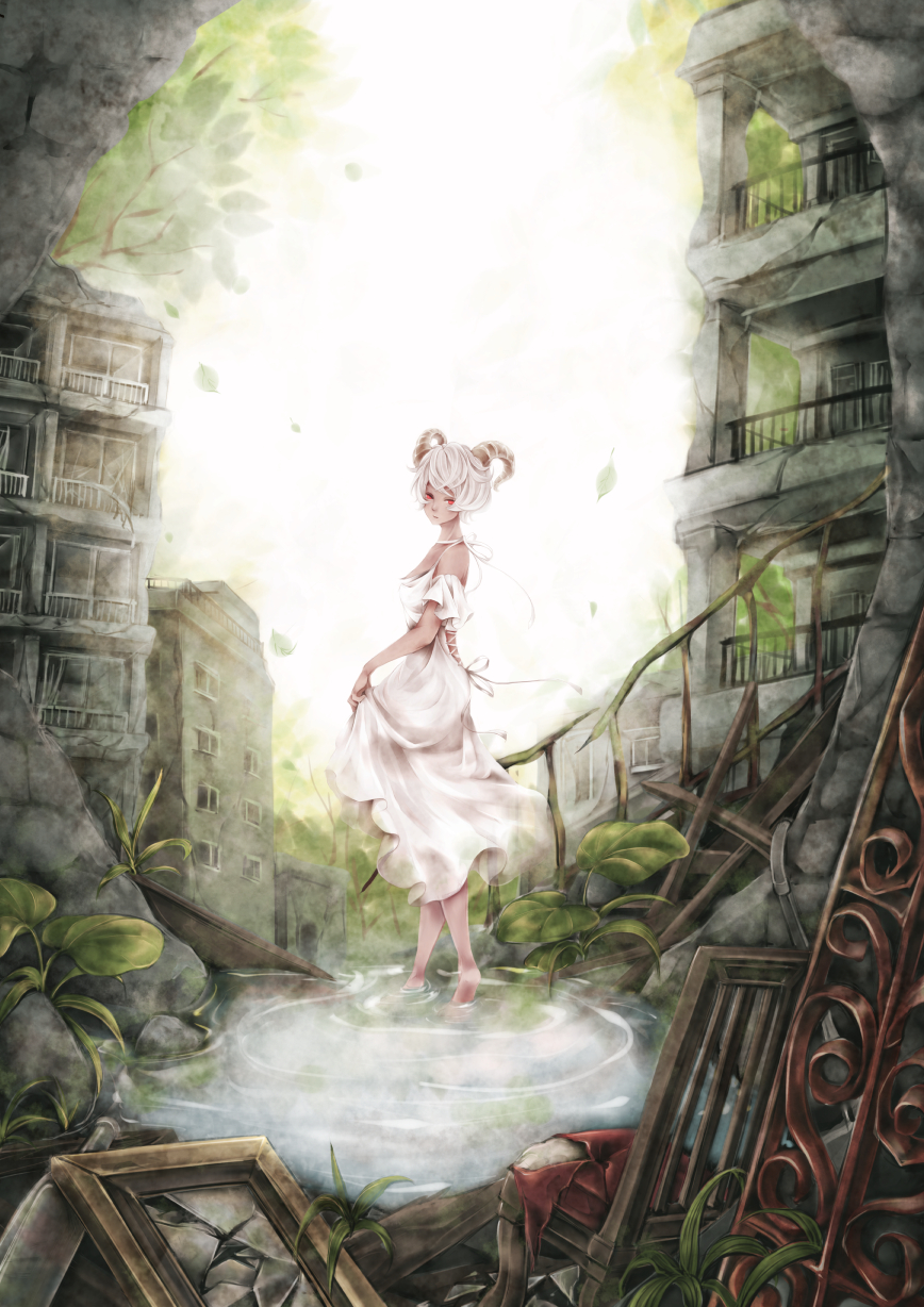 1girl apartment balcony bangs barefoot bottle broken_glass building chair debris detached_sleeves dress expressionless from_behind glass highres horns ironwork leaf looking_back nejimaki_oz original outdoors picture_frame plant puddle red_eyes ruins sheep_horns short_hair skirt_hold sleeveless sleeveless_dress solo spaghetti_strap standing water white_dress white_hair