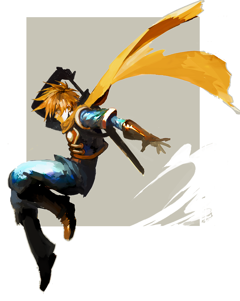 1boy armor blonde_hair boots brown_boots full_body gloves golden_sun lechuza male_focus outstretched_arm profile rectangle robin_(golden_sun) scarf solo spiky_hair sword weapon weapon_on_back