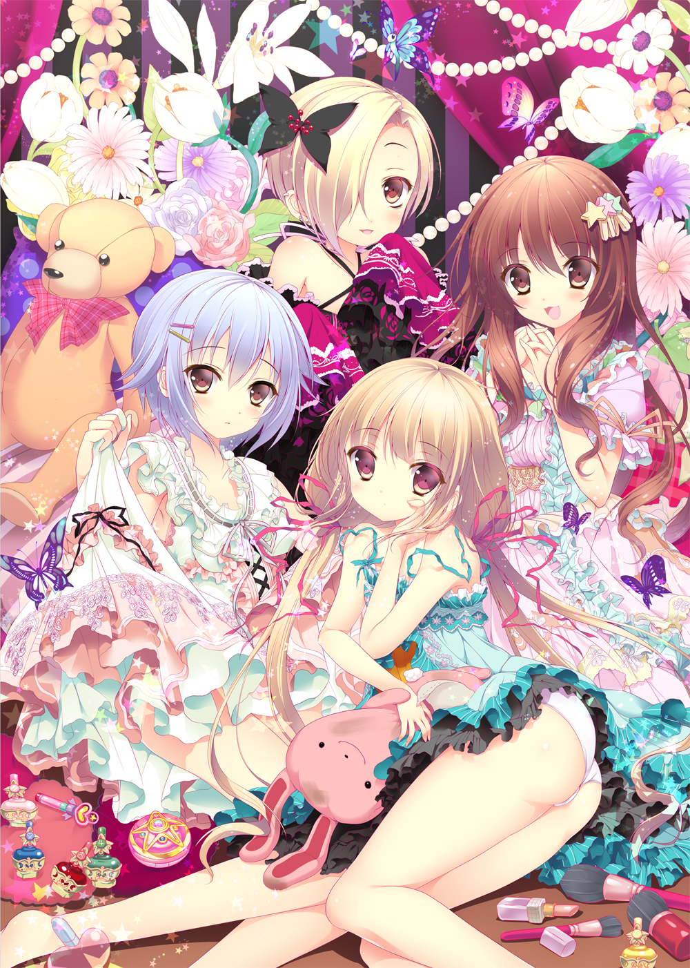 4girls :3 :d :o ass bare_legs bare_shoulders barefoot black_ribbon blonde_hair blue_dress blue_hair bow bowtie brown_eyes brown_hair butterfly chin_rest detached_sleeves dress earrings eyebrows eyebrows_visible_through_hair flower frilled_dress frills futaba_anzu hair_between_eyes hair_ornament hair_over_one_eye hair_ribbon hairclip heart highres idolmaster idolmaster_cinderella_girls indoors jewelry koshimizu_sachiko lipstick long_hair looking_at_viewer low_twintails makeup makeup_brush moroboshi_kirari multiple_girls open_mouth own_hands_together panties red_ribbon ribbon shirasaka_koume shiwasu_horio short_hair short_sleeves sleeveless sleeveless_dress sleeves_past_wrists smile star star_hair_ornament strap_slip stuffed_animal stuffed_bunny stuffed_toy teddy_bear twintails underwear white_panties