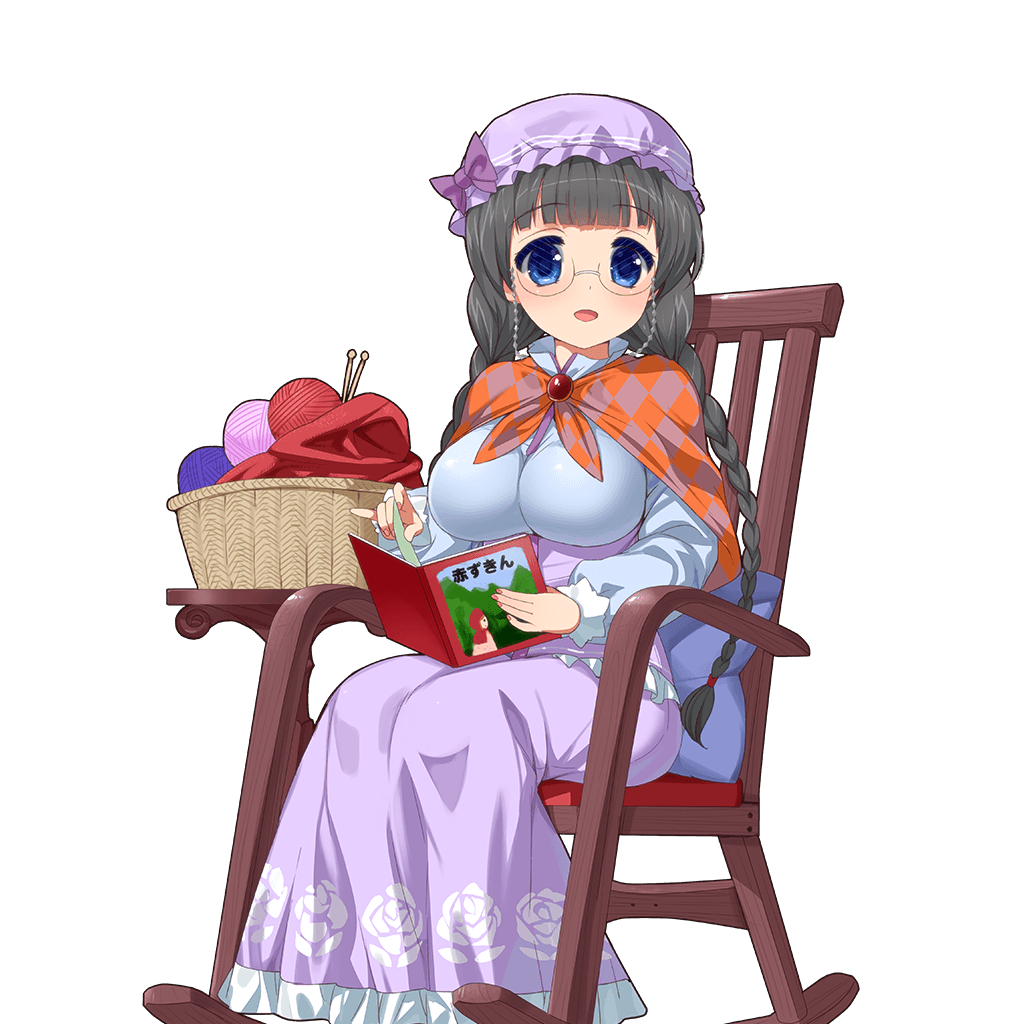 1girl :o argyle basket black_hair blue_eyes book braid breasts chair character_request dress floral_print glasses hat holding knitting_needle kusaka_souji long_sleeves mob_cap needle official_art open_mouth rimless_glasses rocking_chair simple_background sitting solo twin_braids uchi_no_hime-sama_ga_ichiban_kawaii white_background yarn