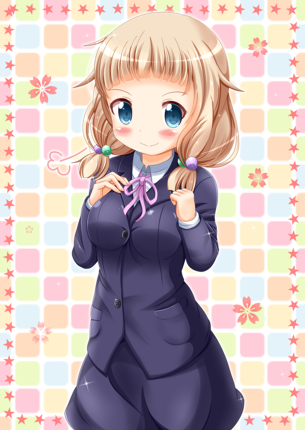 1girl blonde_hair blue_eyes blush breasts buttons closed_mouth commentary cosplay cowboy_shot diffraction_spikes flower formal grid_background hair_bobbles hair_ornament highres jacket long_sleeves looking_at_viewer low_twintails nail_polish neck_ribbon new_game! pink_nails pink_ribbon pocket ribbon sakura_nene shirt skirt smile solo star suit suzukaze_aoba suzukaze_aoba_(cosplay) twintails zenon_(for_achieve)