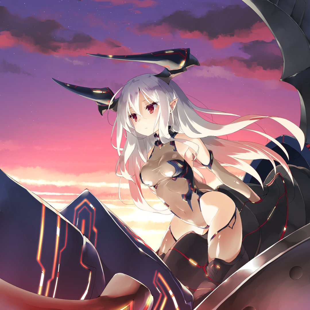 1girl breasts cleavage colossus_(granblue_fantasy) covered_navel demon_girl elbow_gloves gloves granblue_fantasy hair_between_eyes horns leaning_forward leotard long_hair medium_breasts outdoors peko pointy_ears red_eyes riding sky solo sunset thigh-highs turtleneck very_long_hair white_hair