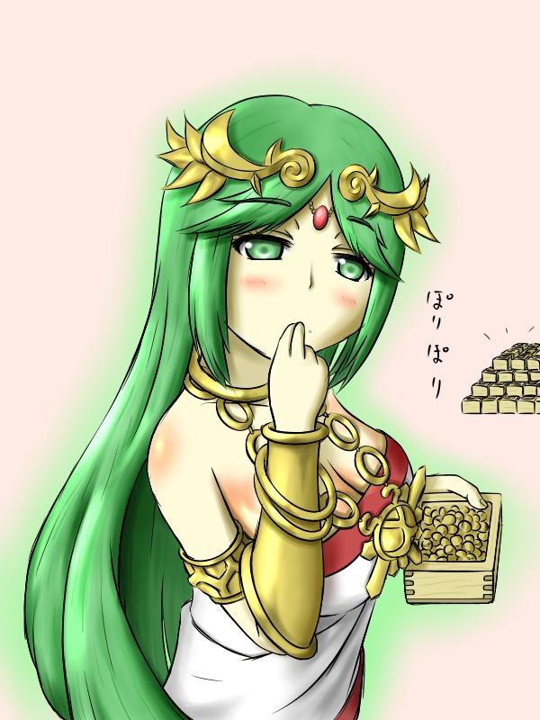 1girl armlet bangs blush body_blush box breasts choker cleavage collarbone dress eating forehead_jewel from_side goddess green_eyes green_hair holding jewelry kid_icarus kid_icarus_uprising large_breasts long_hair namaixy necklace nintendo palutena parted_bangs pendant setsubun solo soybean strapless strapless_dress swept_bangs tiara upper_body vambraces very_long_hair