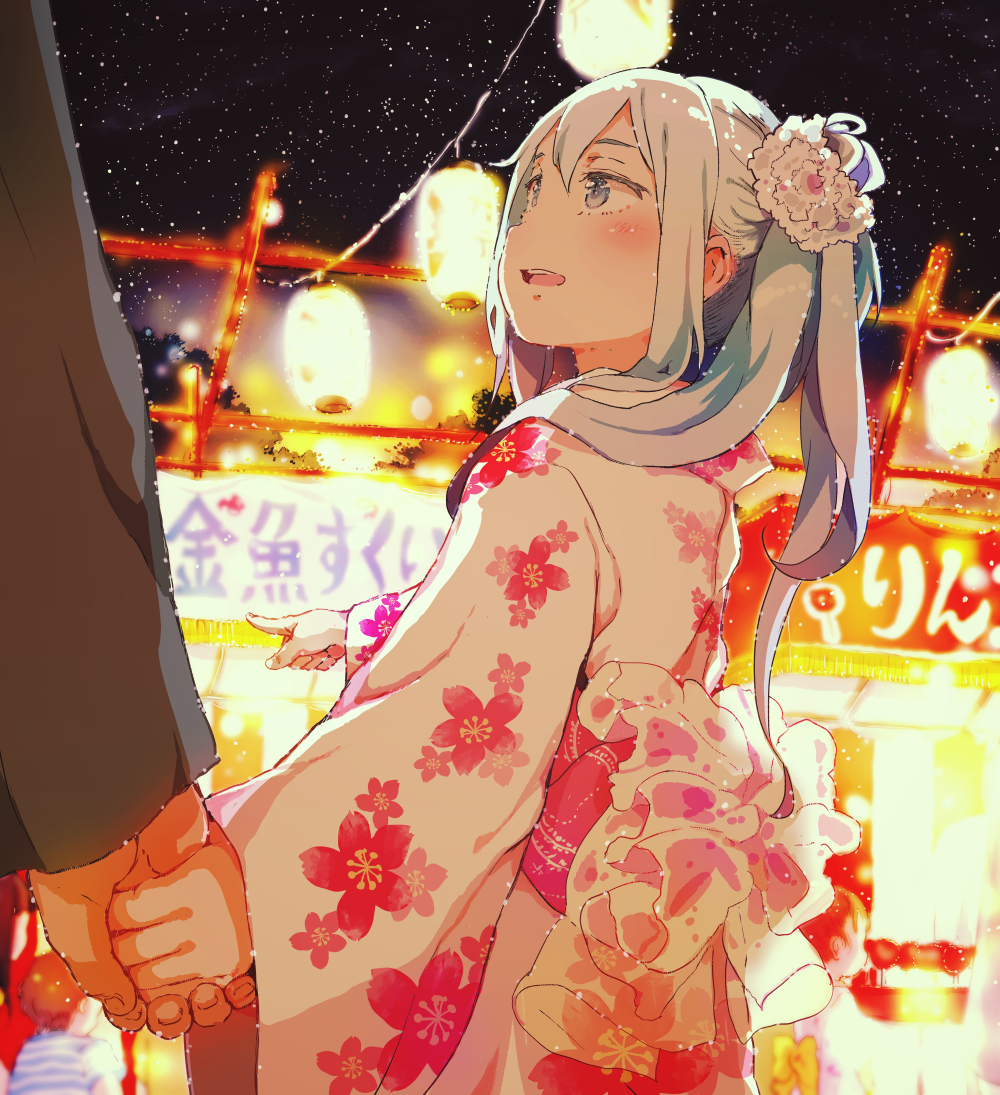 1boy 1girl blue_eyes brown_hair commentary_request festival flower gomennasai hair_flower hair_ornament hibiki_(kantai_collection) holding_hands japanese_clothes kantai_collection kimono lantern long_hair long_sleeves looking_at_another night night_sky obi open_mouth paper_lantern pointing sash shirt short_hair side_ponytail sidelocks silver_hair sky stall star_(sky) striped striped_shirt t-shirt translated wide_sleeves yukata
