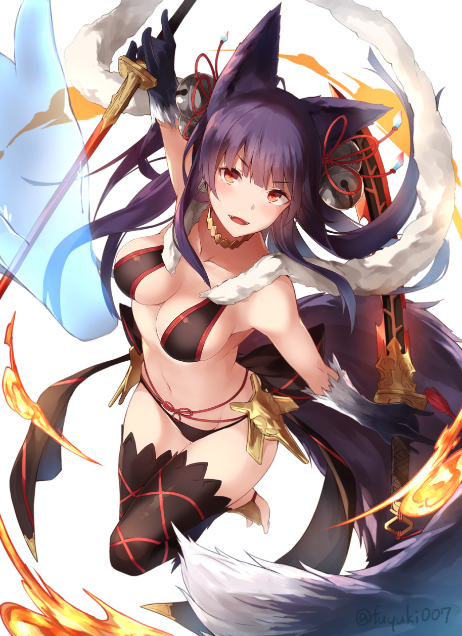 1girl animal_ears bell blue_hair breasts cleavage erun_(granblue_fantasy) fang fire fox_ears fox_tail gloves granblue_fantasy groin hair_bell hair_ornament highres jingle_bell long_hair looking_at_viewer nanahara_fuyuki navel open_mouth red_eyes solo tail thigh-highs yuel_(granblue_fantasy)