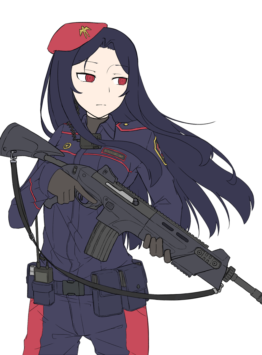 1girl beret beretta_rx4 blue_hair empty_eyes gloves gun hat highres long_hair looking_away magazine_pouch military military_uniform original paravene radio red_eyes rifle sling_(weapon) trigger_discipline uniform weapon