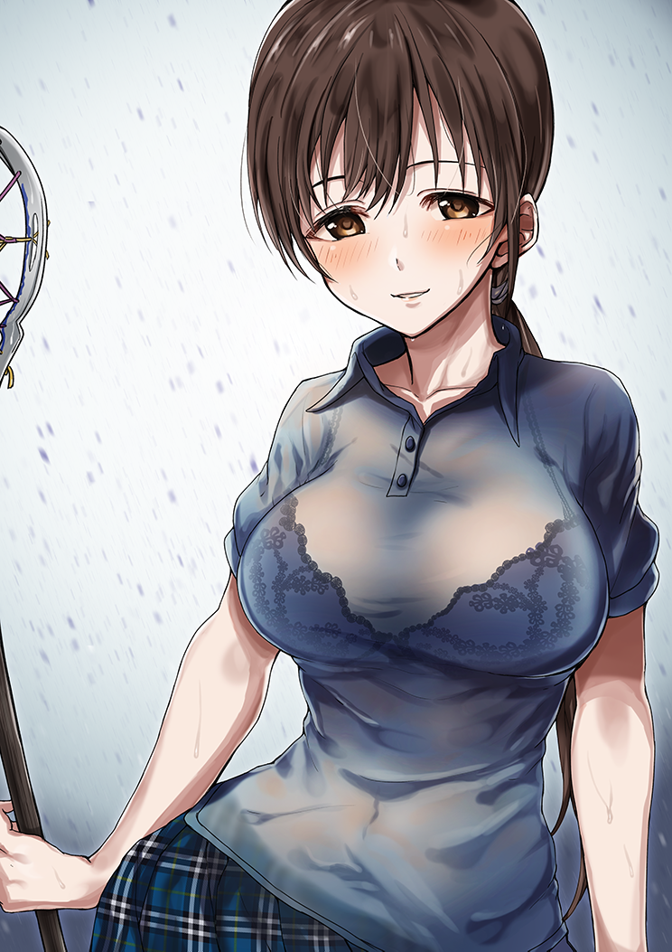 1girl blush bra bra_through_clothes bralines breasts brown_eyes brown_hair collarbone commentary_request eyebrows_visible_through_hair idolmaster idolmaster_cinderella_girls lacrosse_stick large_breasts long_hair looking_at_viewer morino_shoutarou nitta_minami parted_lips rain see-through shirt short_sleeves smile solo underwear wet wet_clothes wet_hair wet_shirt