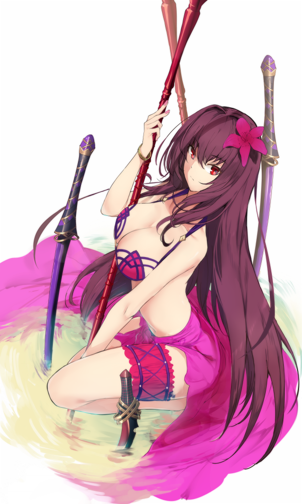 1girl adapted_costume bare_shoulders bikini bracelet breasts brown_hair cleavage closed_mouth collarbone eyebrows eyebrows_visible_through_hair fate/grand_order fate_(series) flower gae_bolg hair_flower hair_ornament hand_up hibiscus jewelry kneeling large_breasts leg_garter long_hair looking_at_viewer navel partially_submerged planted_sword planted_weapon polearm purple_bikini red_eyes ripples sarong scathach_(fate/grand_order) solo spear swimsuit sword touzai_(poppin_phl95) wading water weapon