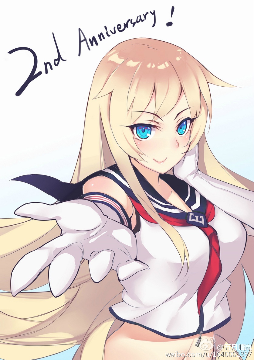 1girl blonde_hair blue_eyes blush breasts elbow_gloves english enterprise_(zhan_jian_shao_nyu) foreshortening g.h_(gogetsu) gloves hand_on_own_face long_hair looking_at_viewer midriff reaching_out sailor sailor_collar sailor_shirt shirt smile solo text upper_body watermark weibo_username white_gloves zhan_jian_shao_nyu